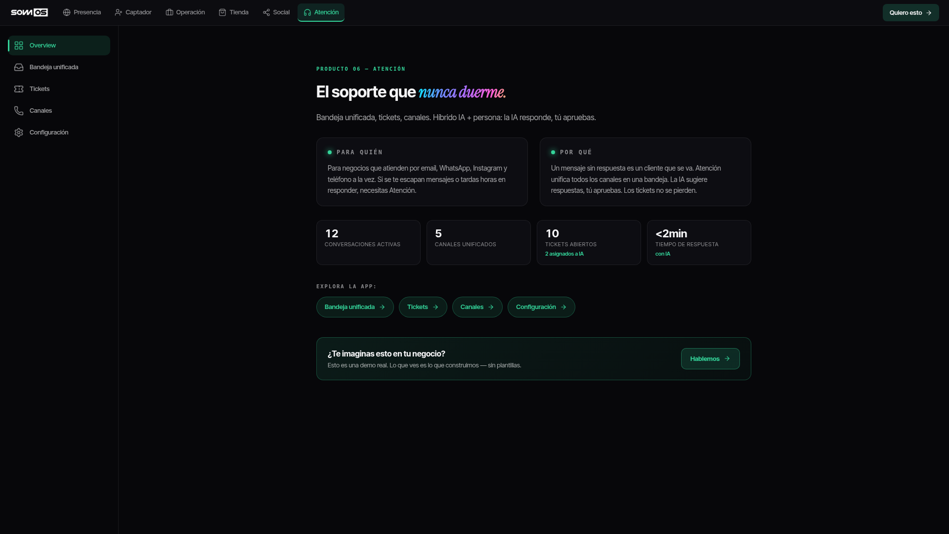 Demo de Atención: bandeja unificada de soporte con tickets y canales