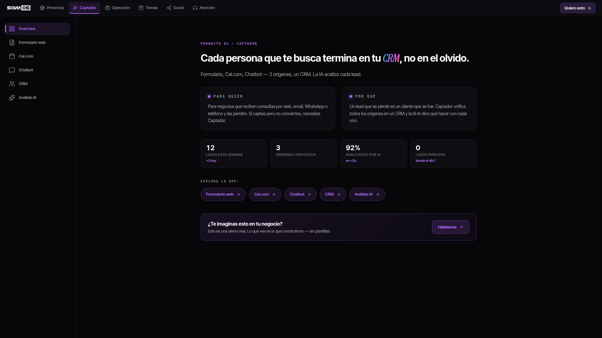 Demo de Captador: todas las consultas de clientes unificadas en un CRM
