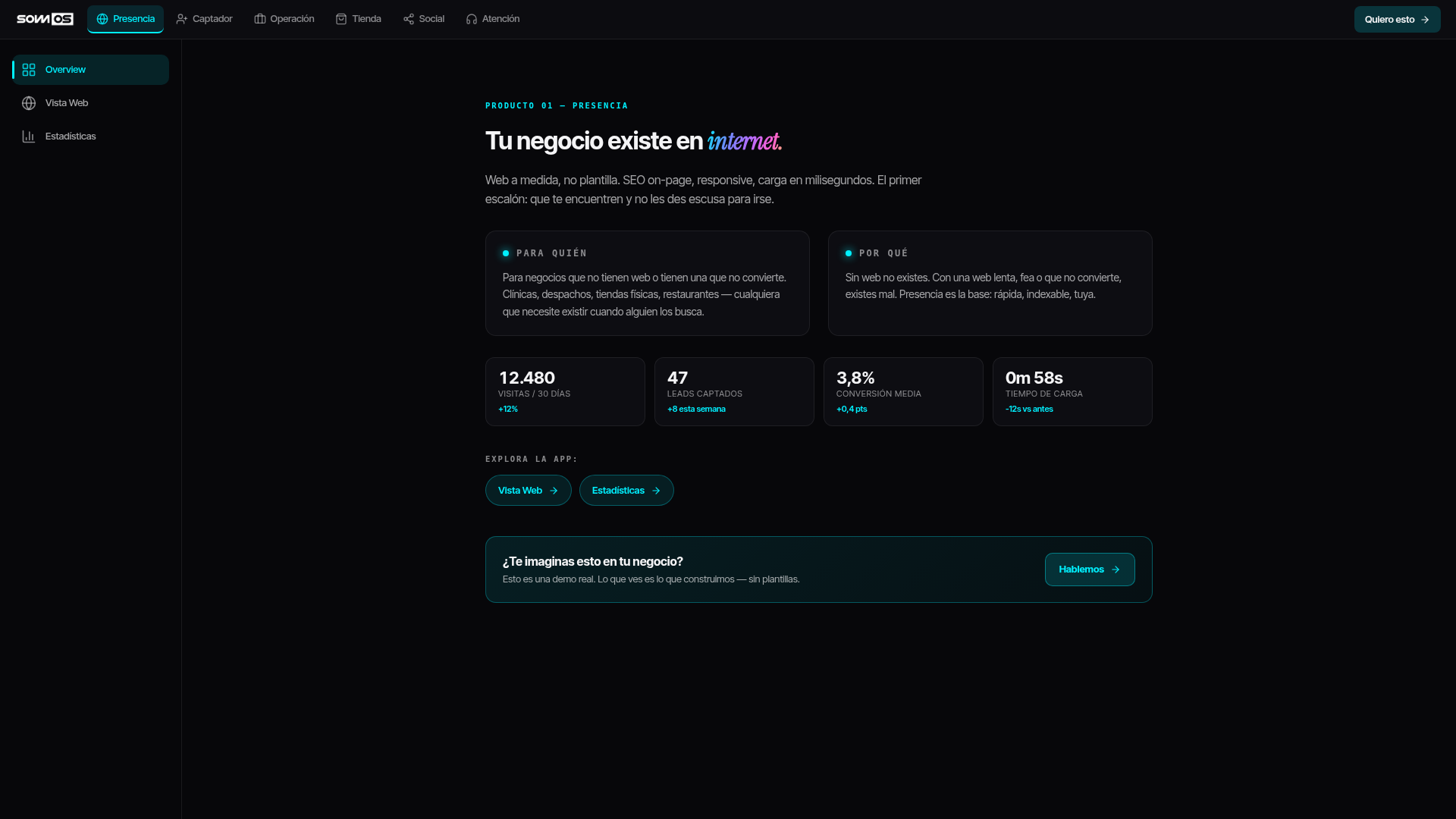 Demo de una web a medida creada por SOM-OS con estadísticas de visitas y leads