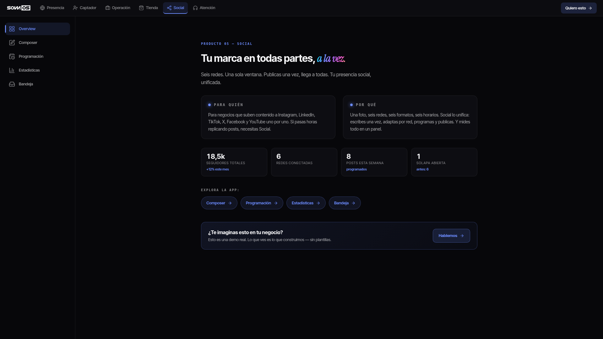 Demo de Social: publicaciones programadas en seis redes desde un panel